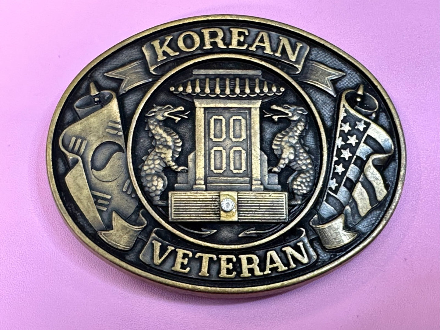 American Korean War Veteran WW II Soldier Commemorative Brass Tone Belt Buckle