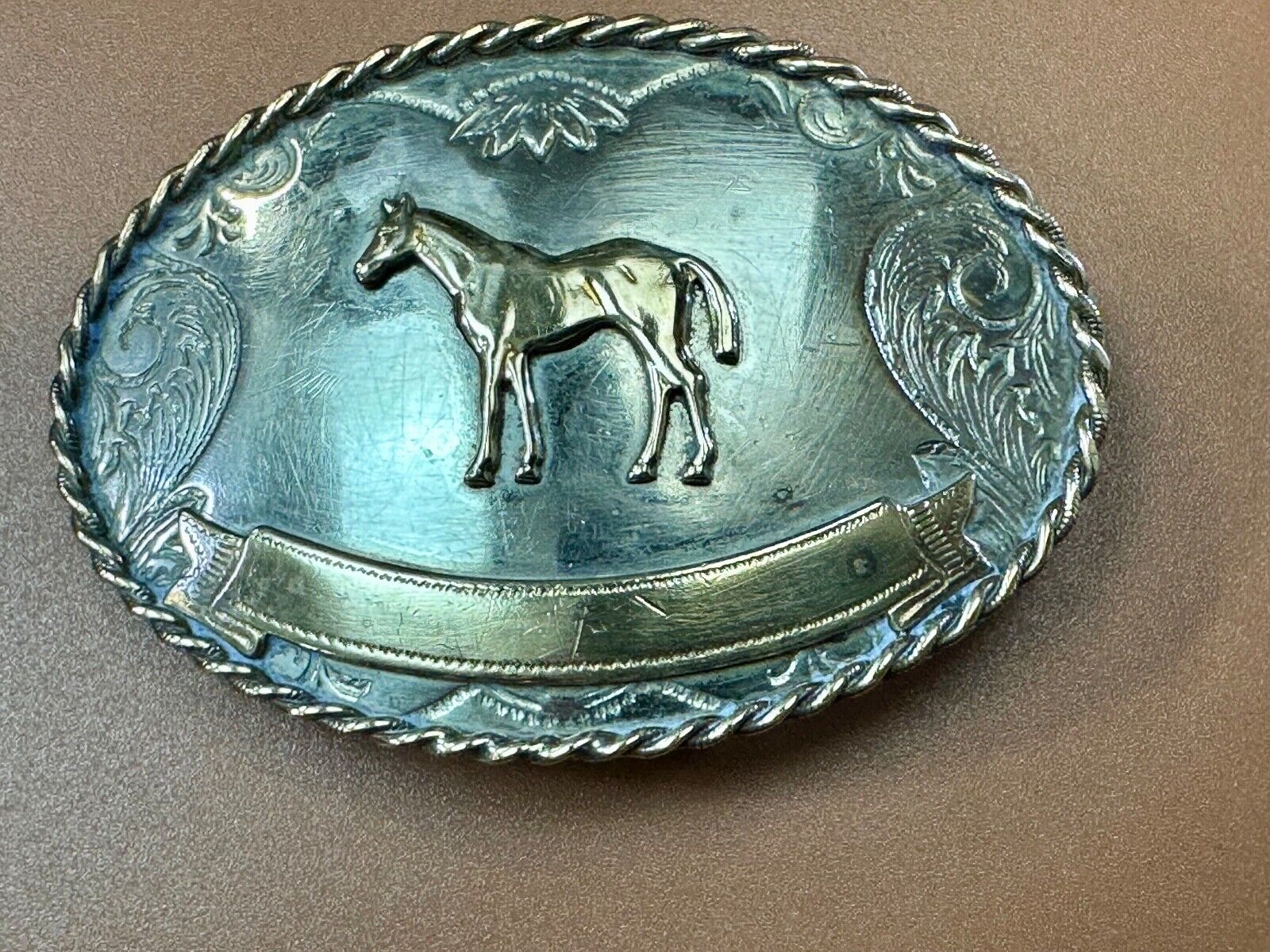 Vintage German Silver Standing Horse Engravable Trophy Award scroll belt buckle