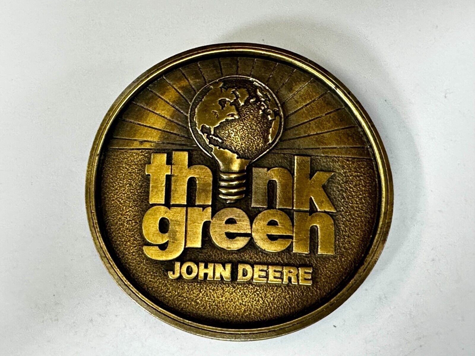 THINK GREEN - John Deere Farm Tractors Vintage Brass Tone Round Belt Buckle