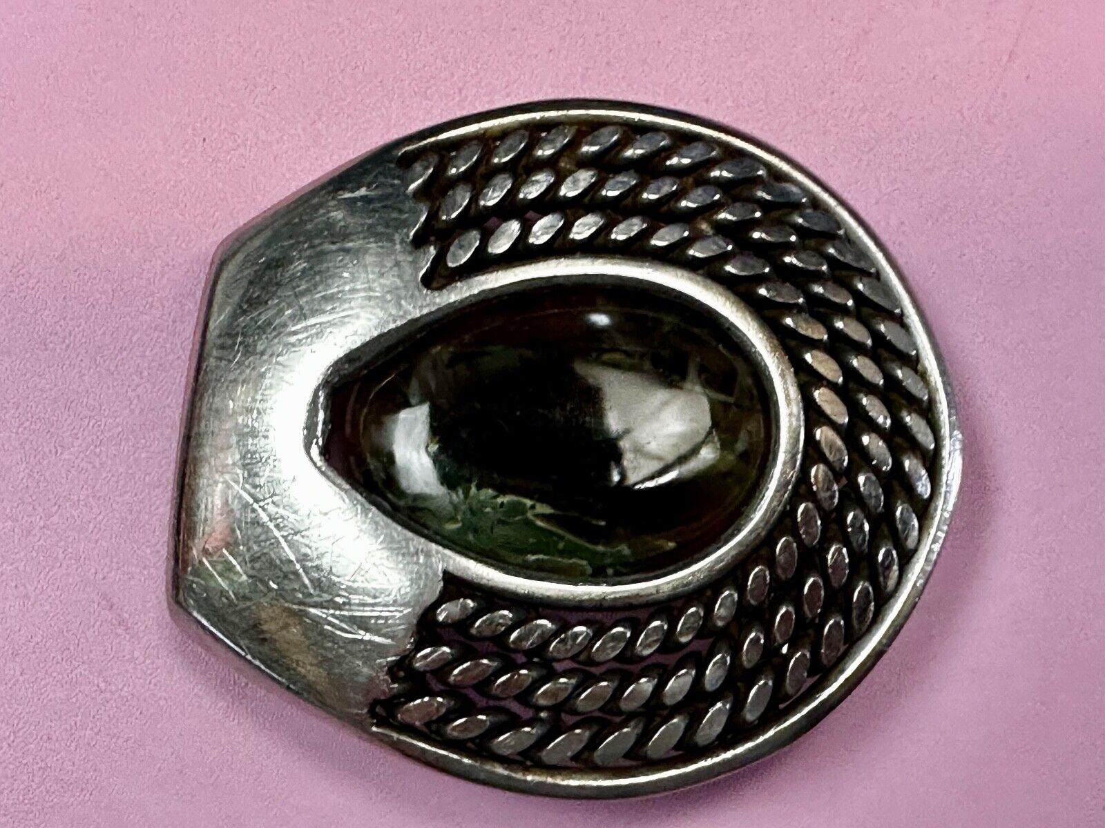 Artisan Centerpiece Green Stone?  Ornate Metal Workers / Welders Belt Buckle