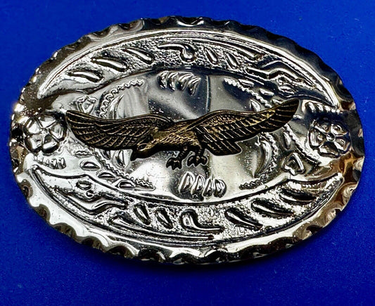 American Bald Eagle Flying High Silver Tone Patriotic Oval Cowboy Belt Buckle