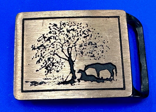 Two Horses Hippy Style 70's Horse at Tree Tech Ether Guild  belt buckle