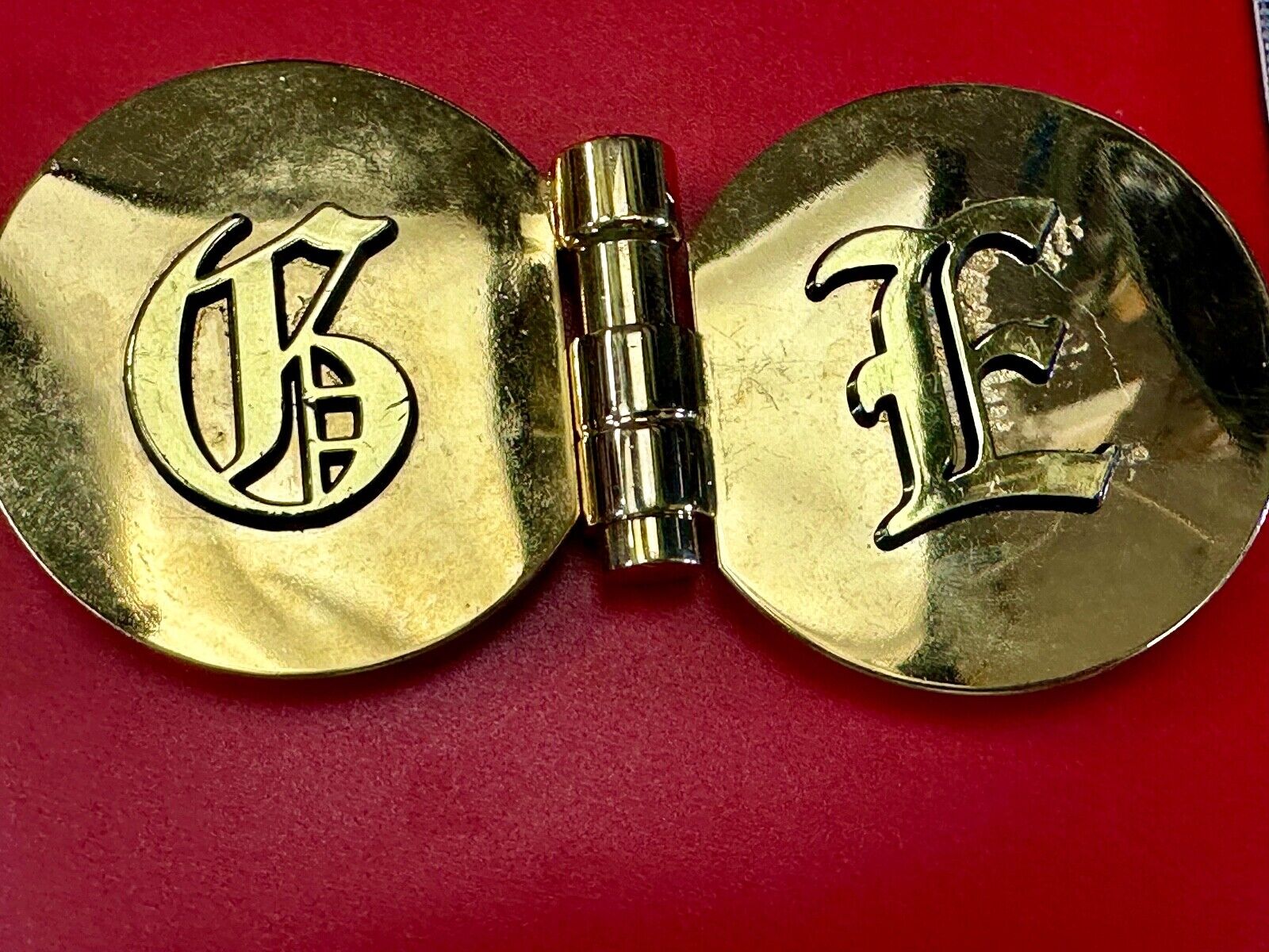 vintage initials letter GE? Hinged gold tone belt buckle