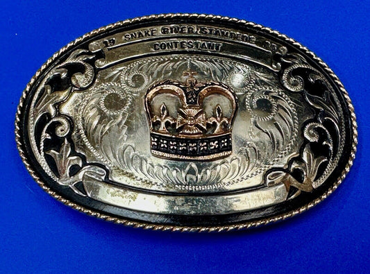 1983 Snake River Stampede Rodeo Idaho Trophy Comstock German Silver belt buckle