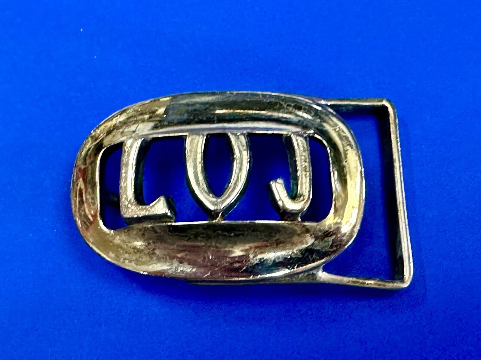 Vintage LVJ LUJ gold tone block letters cutout belt buckle