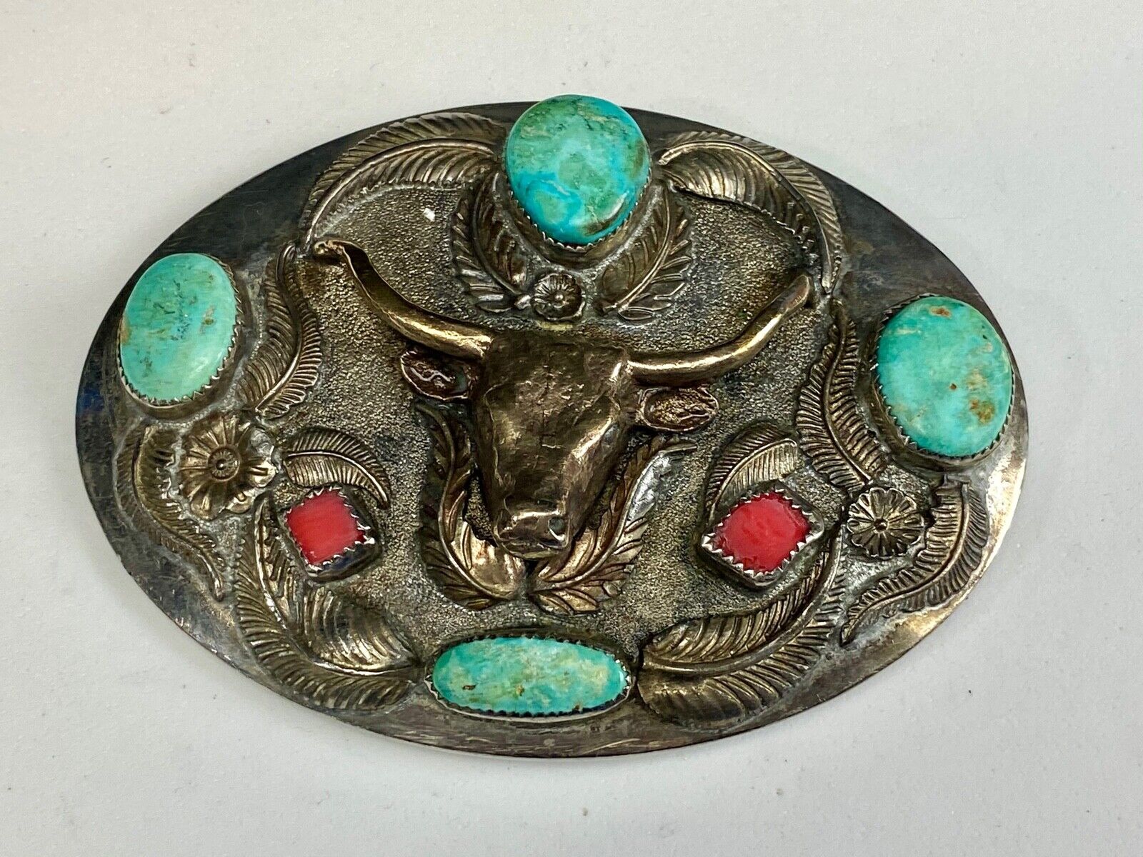 Turquoise & Coral Longhorn Western Belt Buckle By D.K.S. Dieter K.Stiglitz 
