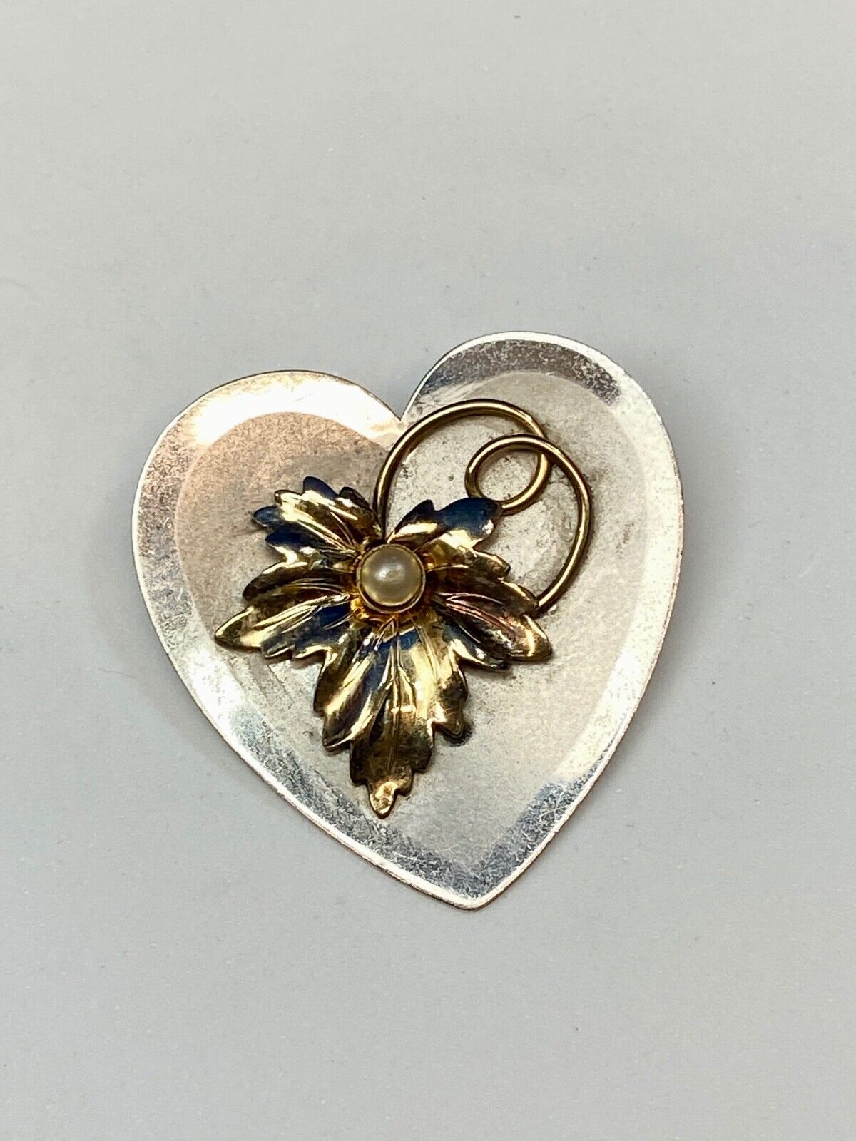 Vintage Heart Shaped Sterling Silver 925 Brooch Pin with Leaf and Pearl 12K GP