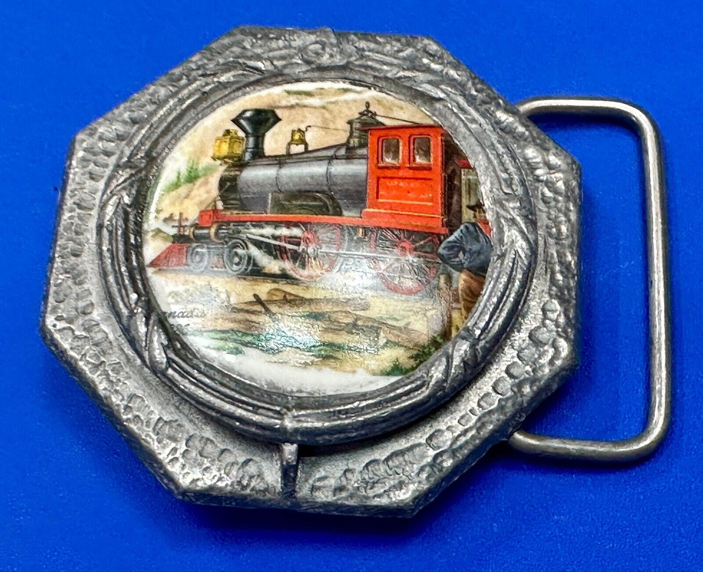 Train Steam Engine Art Picture on ceramic and pewter Vintage Belt Buckle