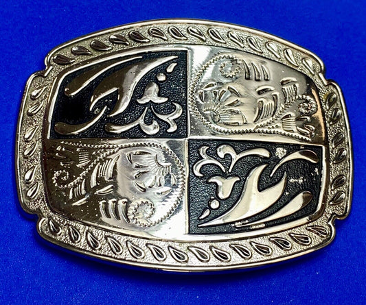 black and silver color western flower swirl outlined cowboy's belt buckle