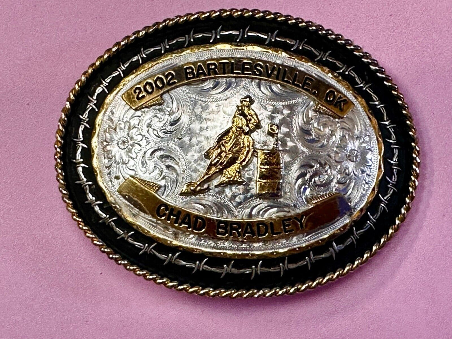 2002 Bartlessville OK Rodeo Trophy Chad Bradley Montana Silversmiths Belt Buckle