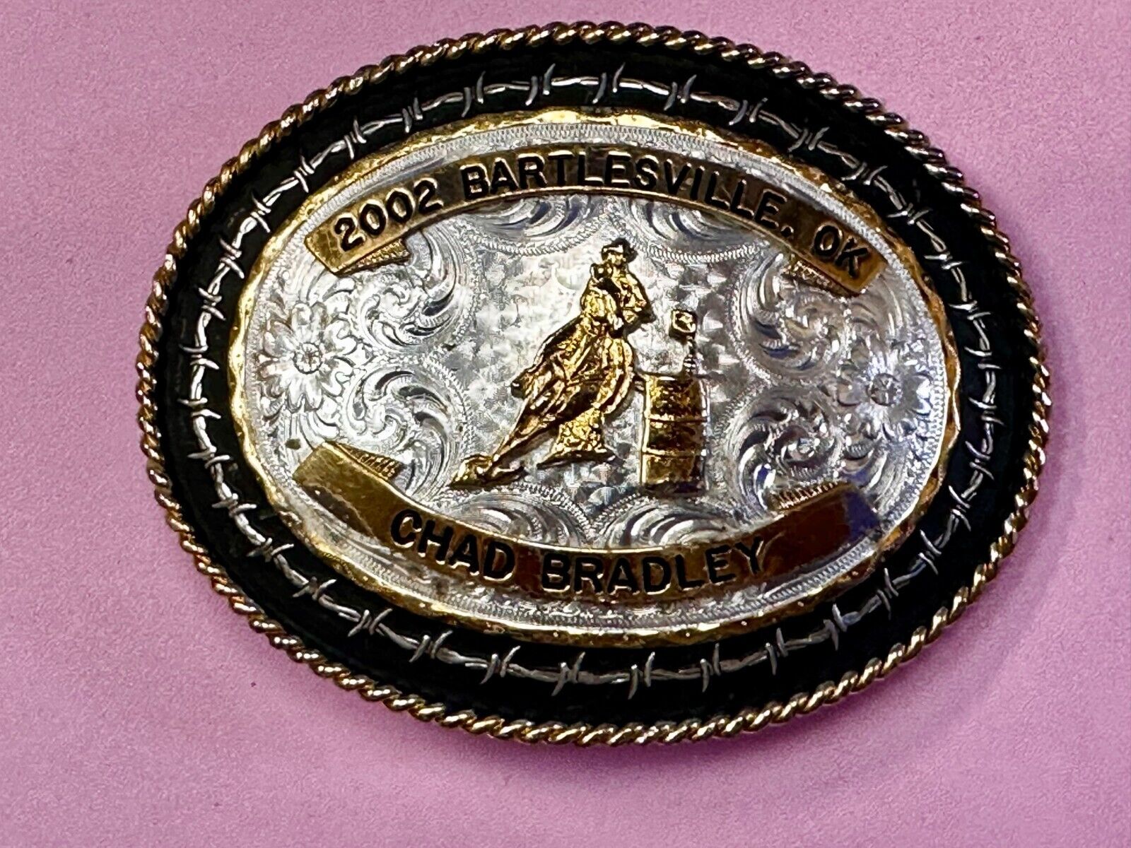 2002 Bartlessville OK Rodeo Trophy Chad Bradley Montana Silversmiths Belt Buckle
