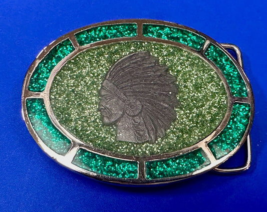 vintage Indian Head - Inlaid Enamel Glittery Green Colors PSC 79 belt buckle