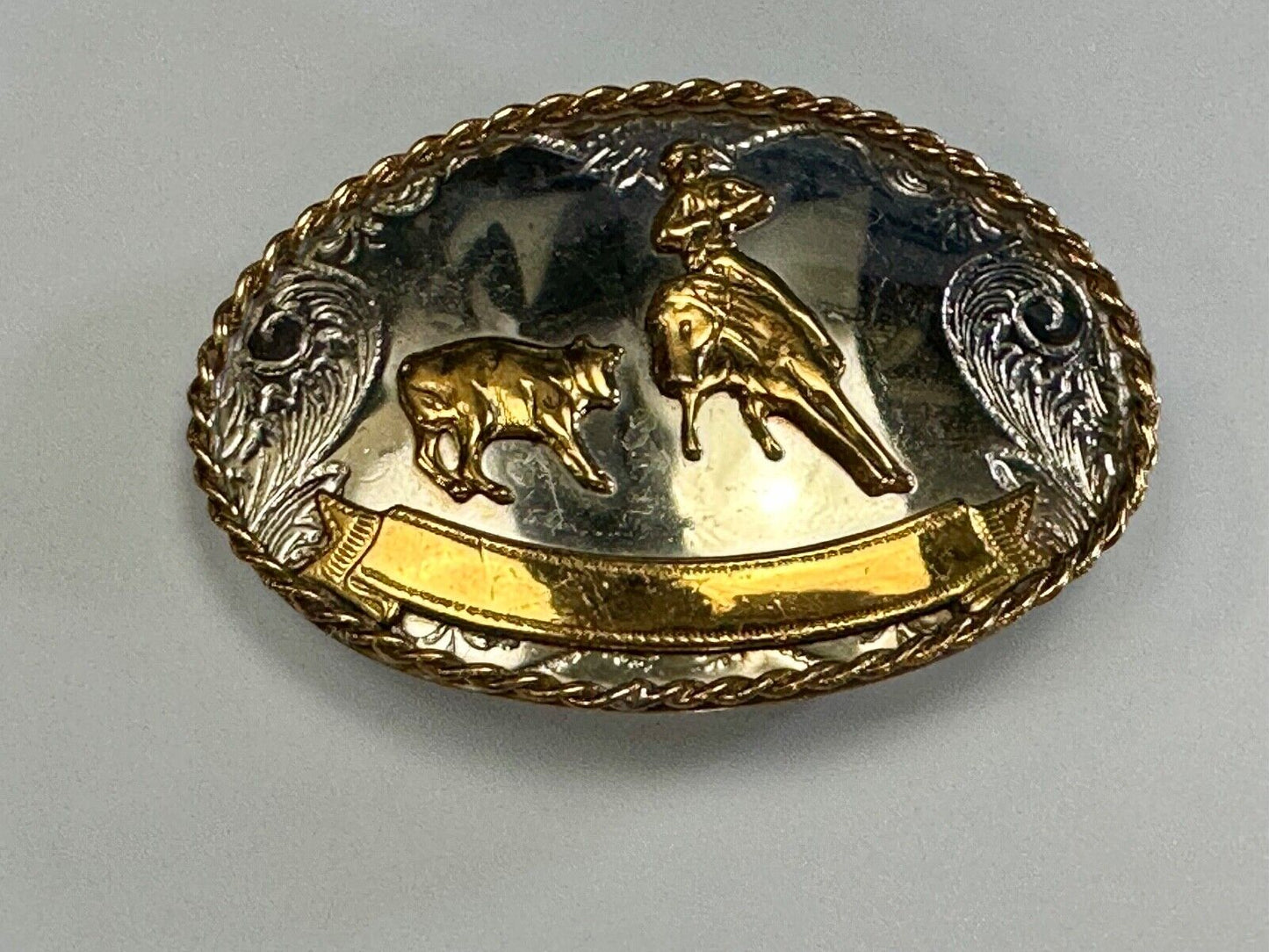 Vintage German Silver Rodeo Cowboy With Blank Award Trophy Ribbon belt buckle