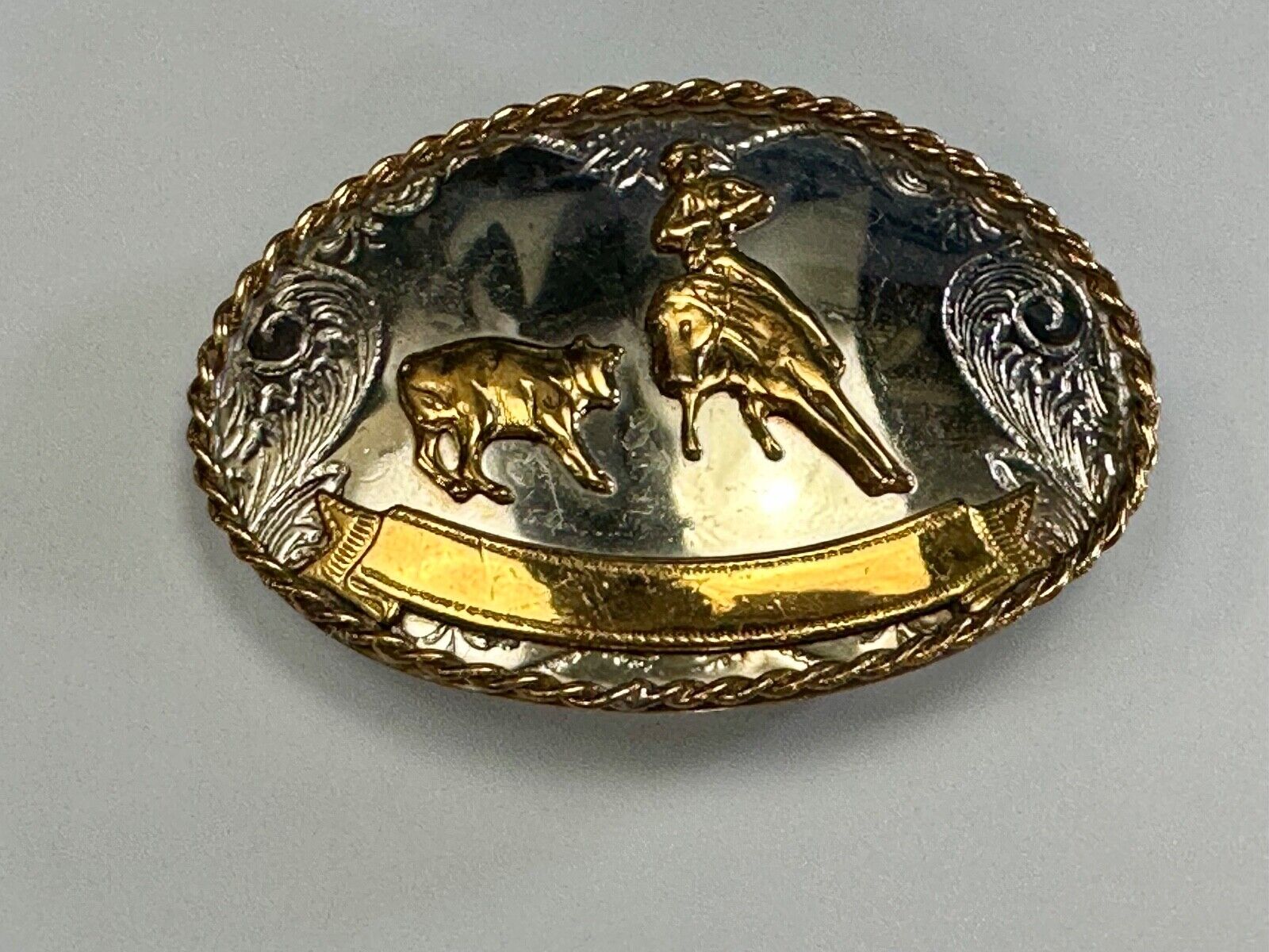 Vintage German Silver Rodeo Cowboy With Blank Award Trophy Ribbon belt buckle