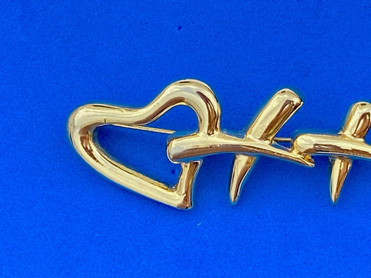 Vintage Aai Singed Gold Tone Heart Rhinestone  Cut Out Kisses Brooch