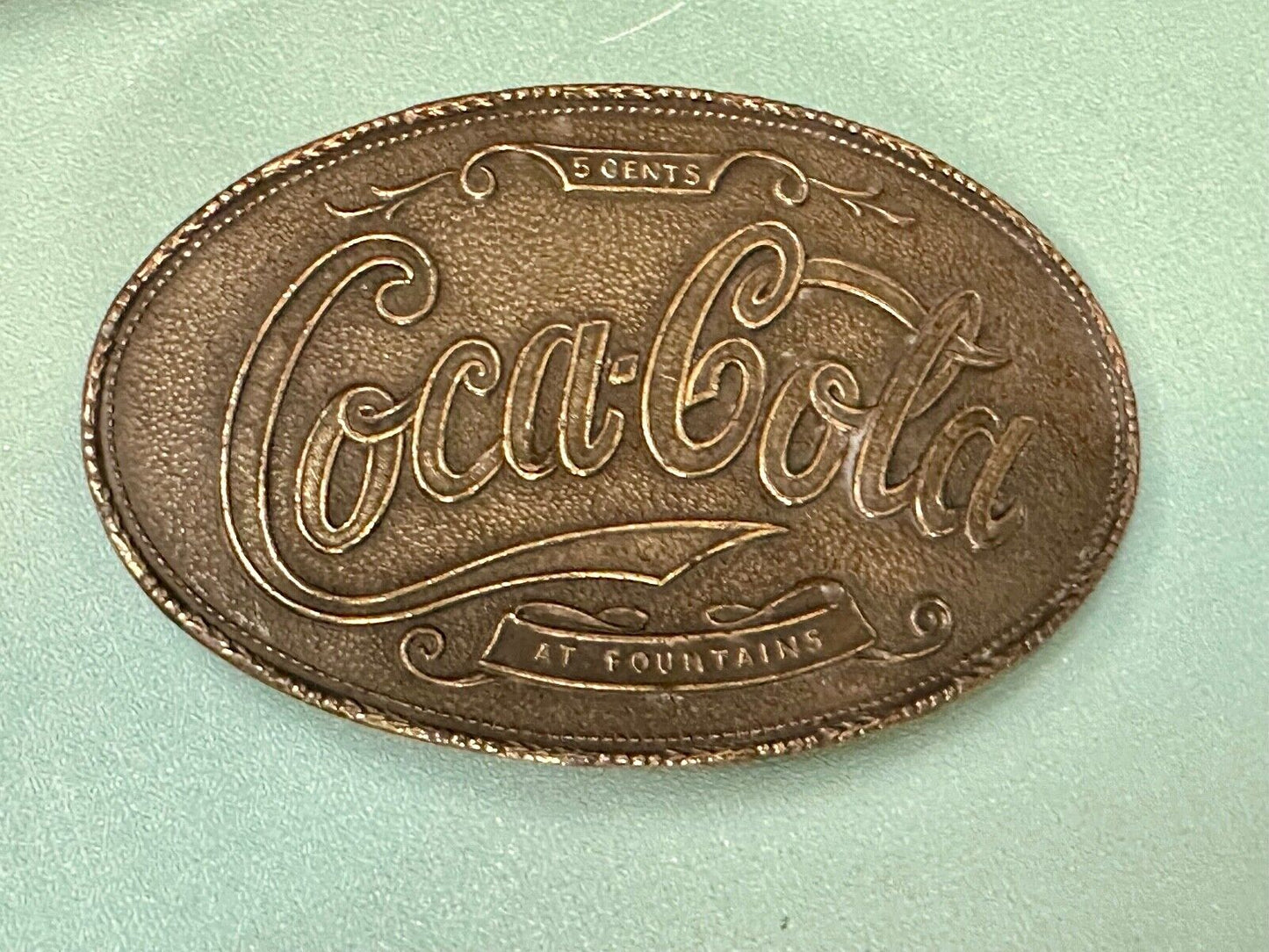 VINTAGE 1970s **COCA-COLA 5 CENTS AT FOUNTAINS** SODA POP BELT BUCKLE