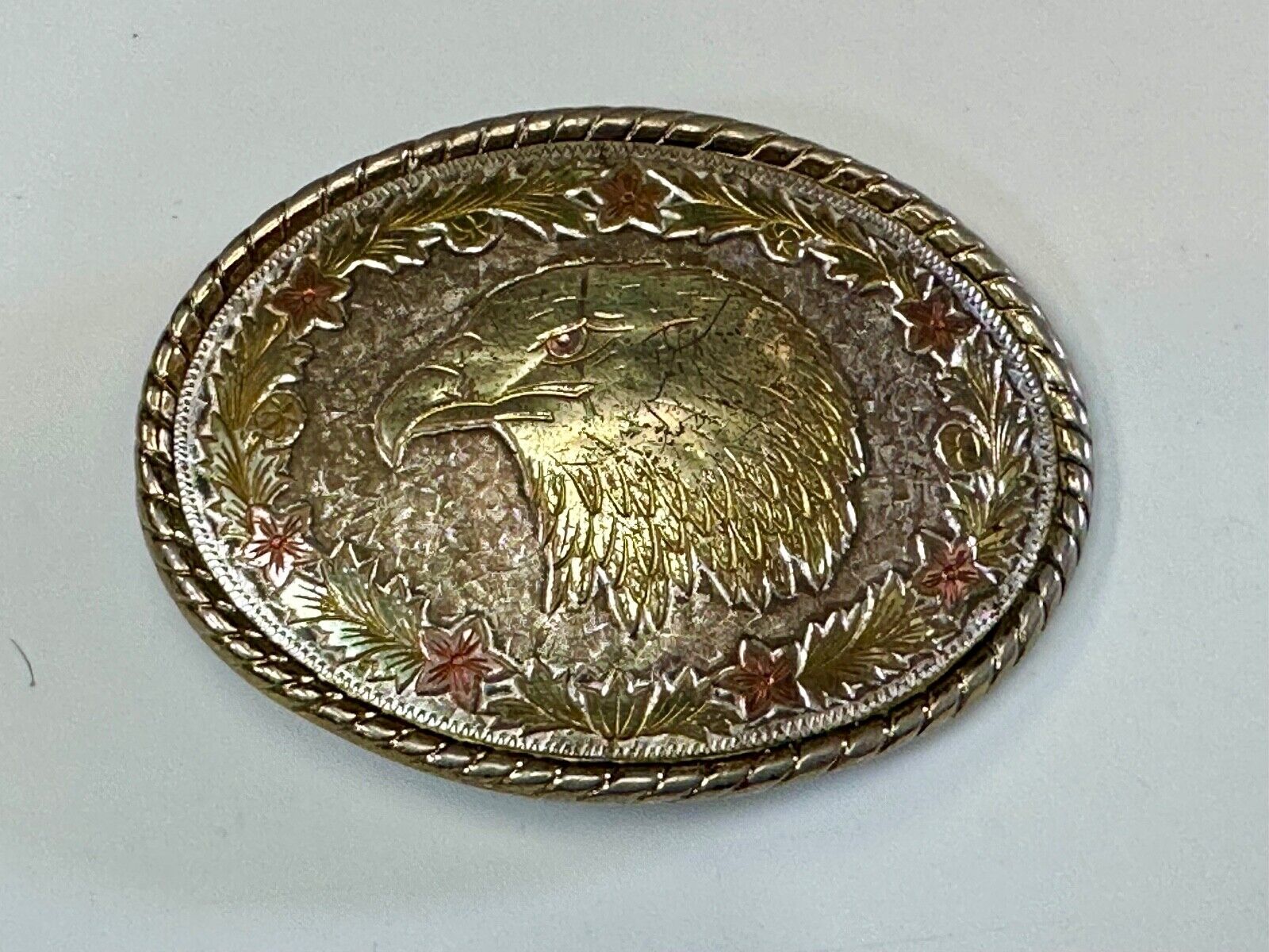 American Bald Eagle Bust profile, Mixed Color Etched belt buckle W Makers Mark