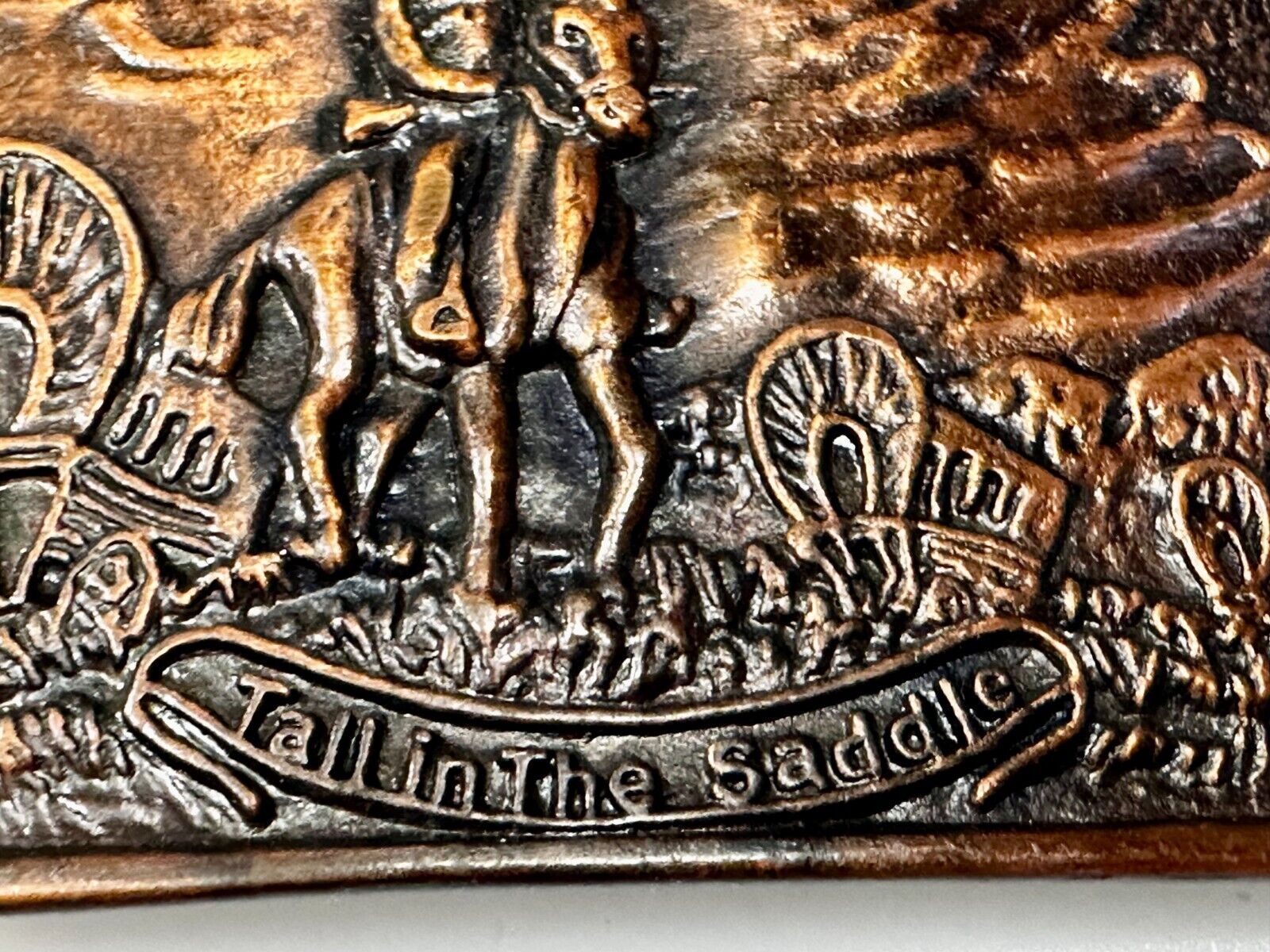 Tall in the Saddle Wagon Cowboy Horse Western Art Scene Vintage Belt Buckle