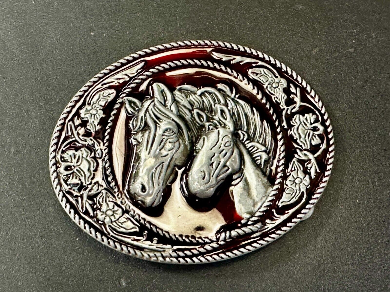 Two Horse Head's Red Color Enameled Western Cowboy's Belt Buckle