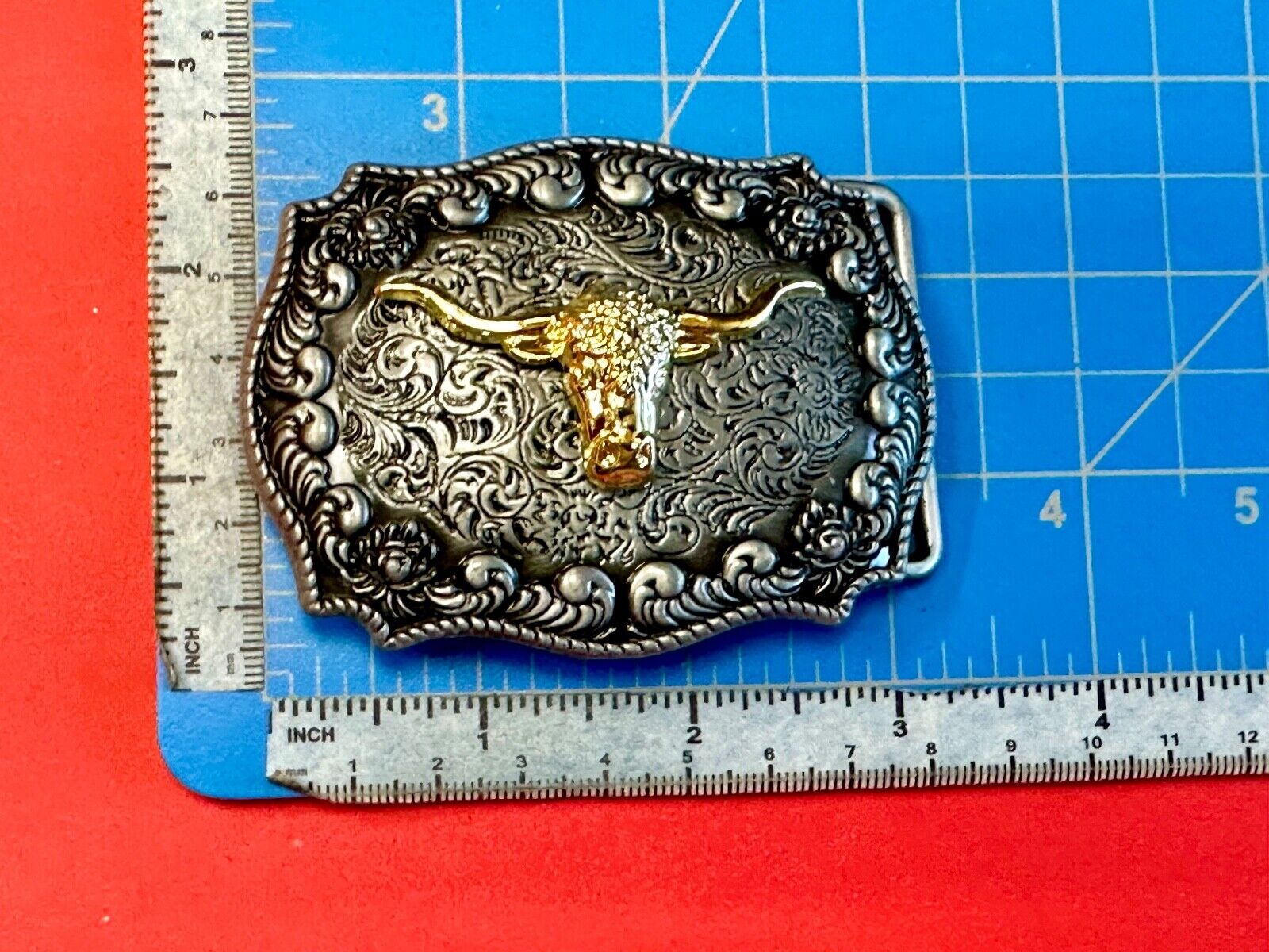 Two tone Ornate LONGHORN SKULL western belt buckle