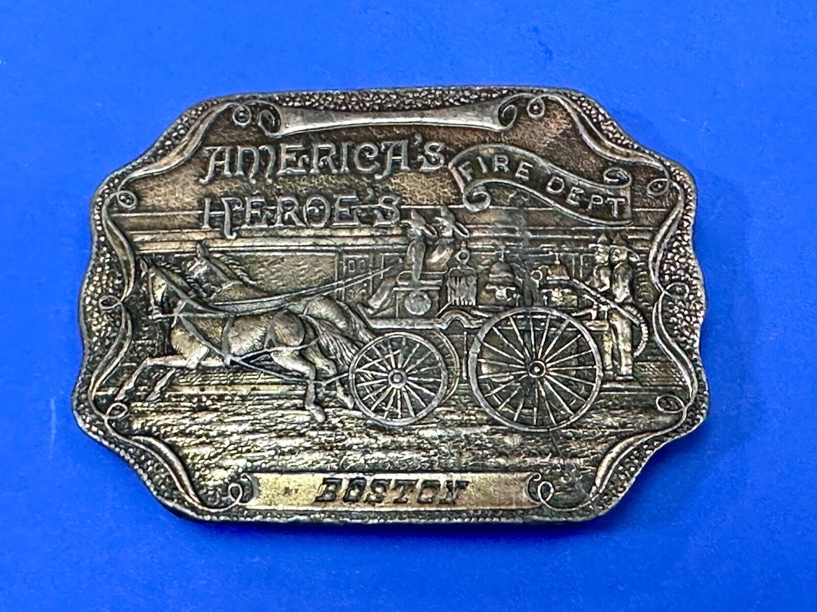 America's Heroes Fire Dept Boston Brass Tone Belt Buckle Horse Wagon