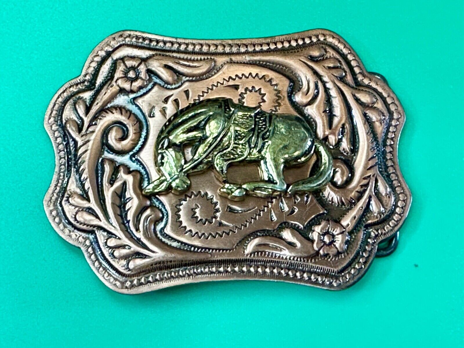 Vintage Horse w/  head down end of the trail two tone ornate western belt buckle
