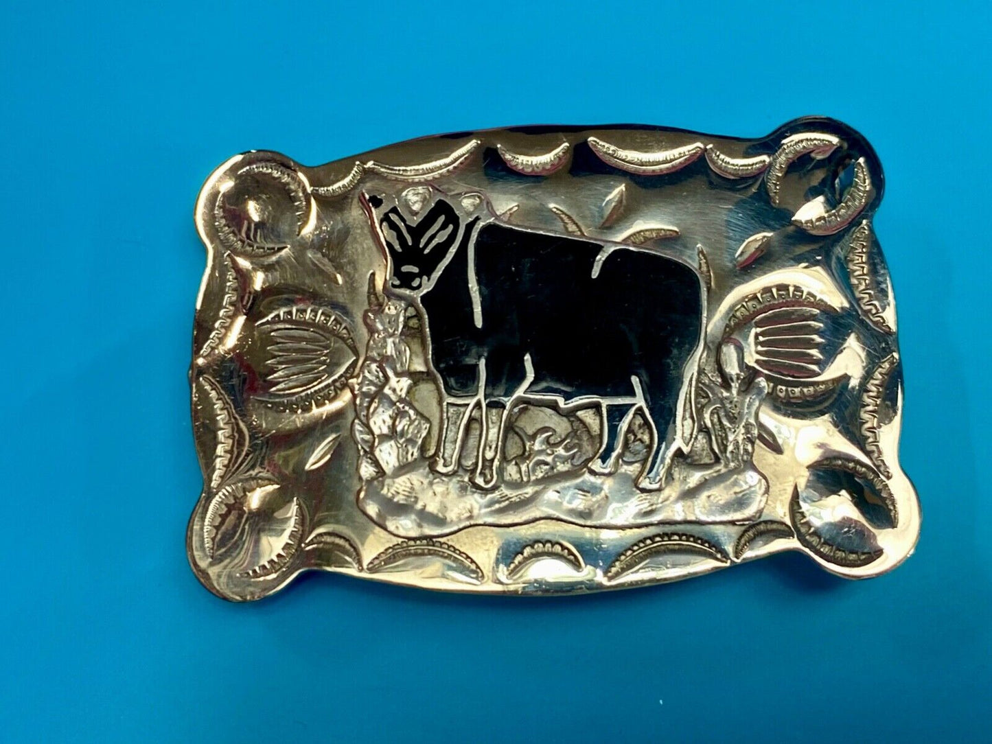 Vintage  COW BULL - Tex - Tan Nickel Silver Western belt buckle