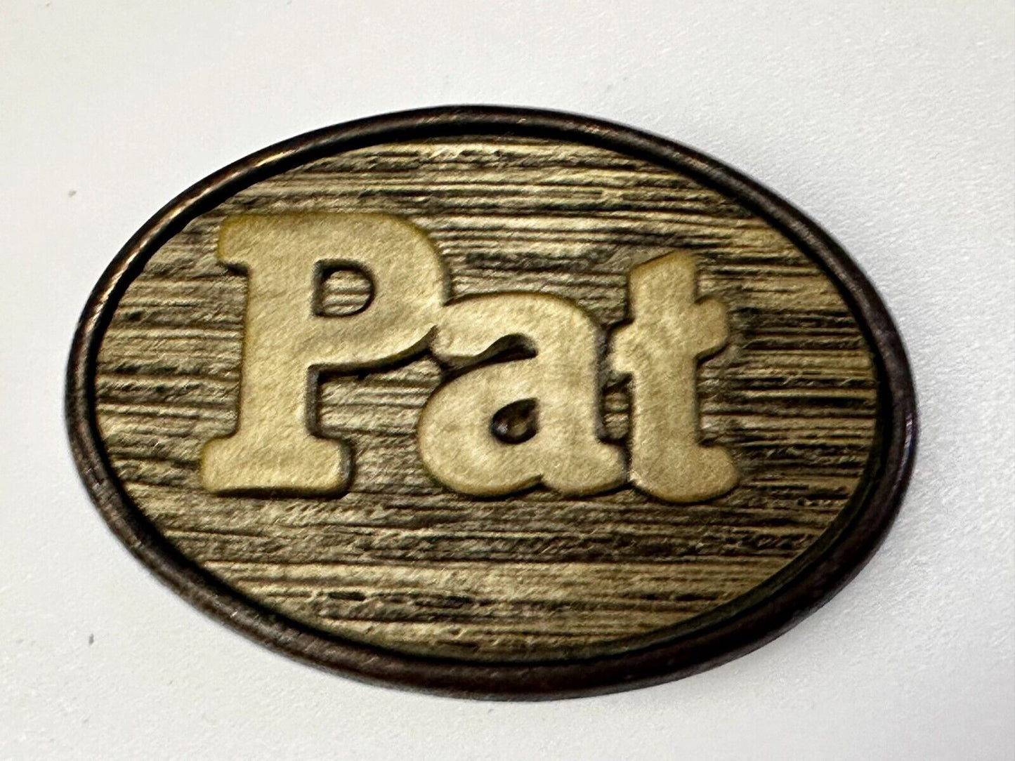 1970s  PAT Name - Custom Wood Grain Metal Oden USA Personalized Belt Buckle