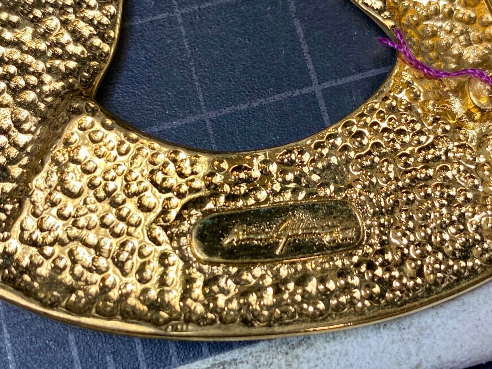 Artist Ginnie Johansen signed gold color abstract oval belt scarf slide