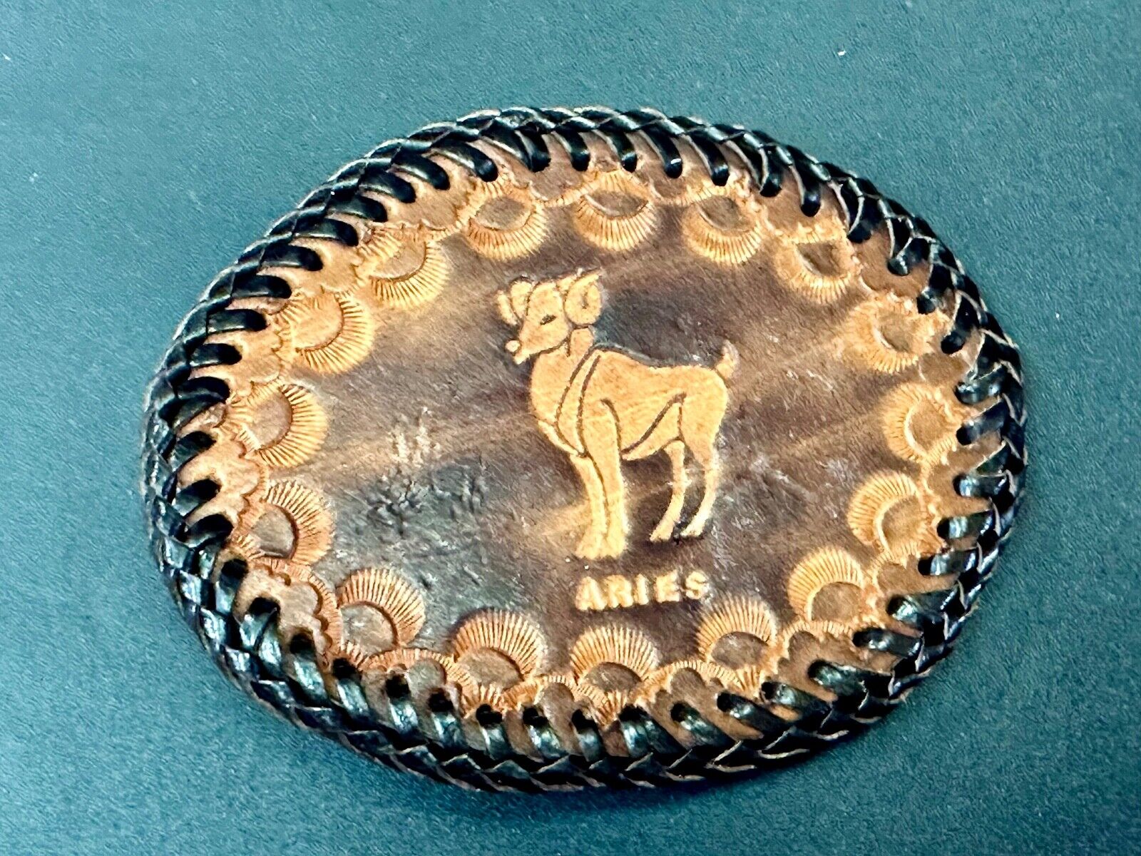 Aries Leather Oval Astrology Belt Buckle Vintage Hand Stitched Tooled Ram Horns