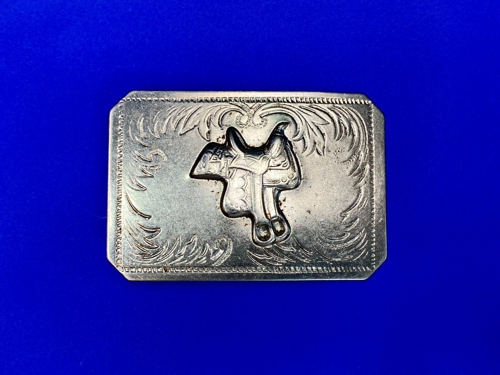 Vintage Horse Saddle Silver Tone Ornate Rectangular Belt Buckle