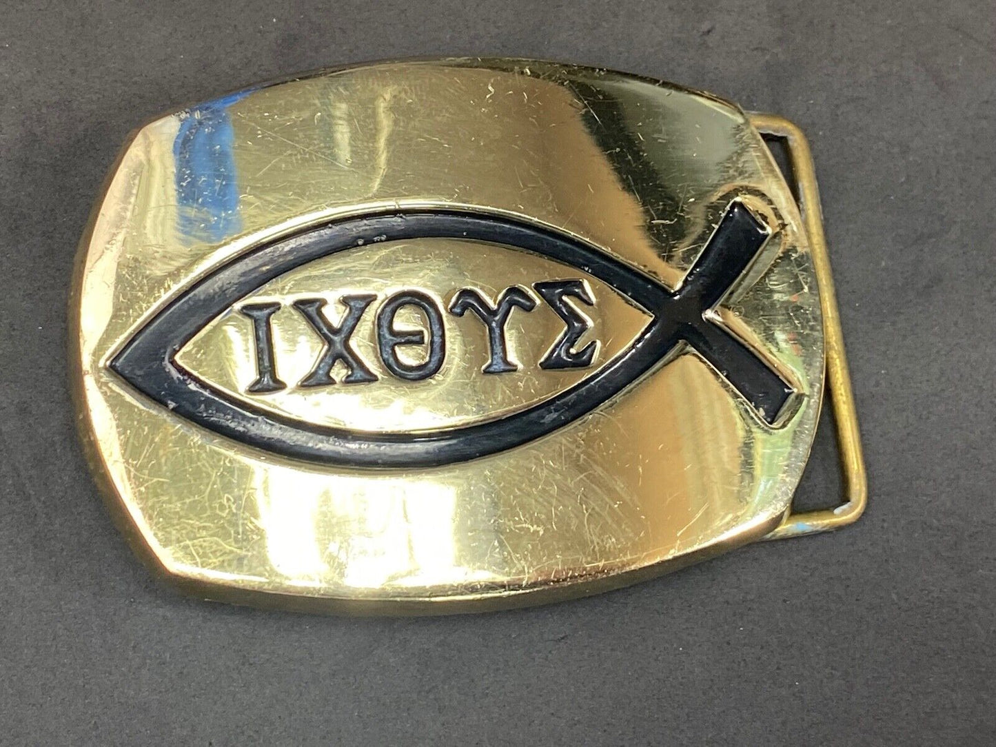 Vintage Ichthus Jesus Fish Ixoye Christian Symbol Icthus Brass Belt Buckle 