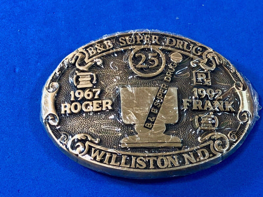 B&B Super Drug Store Roger Frank Williston ND Belt Buckle  Advertising Promo 