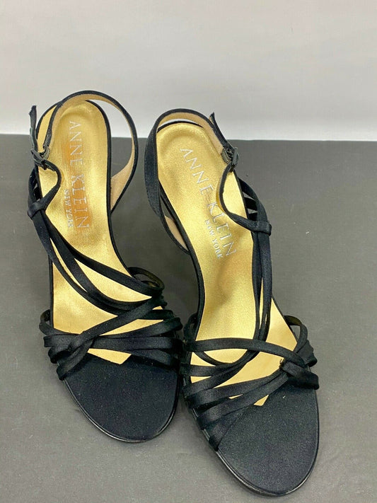 ANNE KLEIN Black Satin Strappy Dress 4" Heels Sandals Stiletto 8 M
