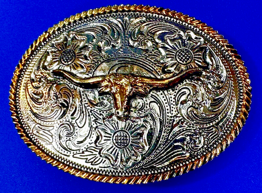 Texas Longhorn Steer Bull Ornate Two-Tone Vintage Oval Belt Buckle