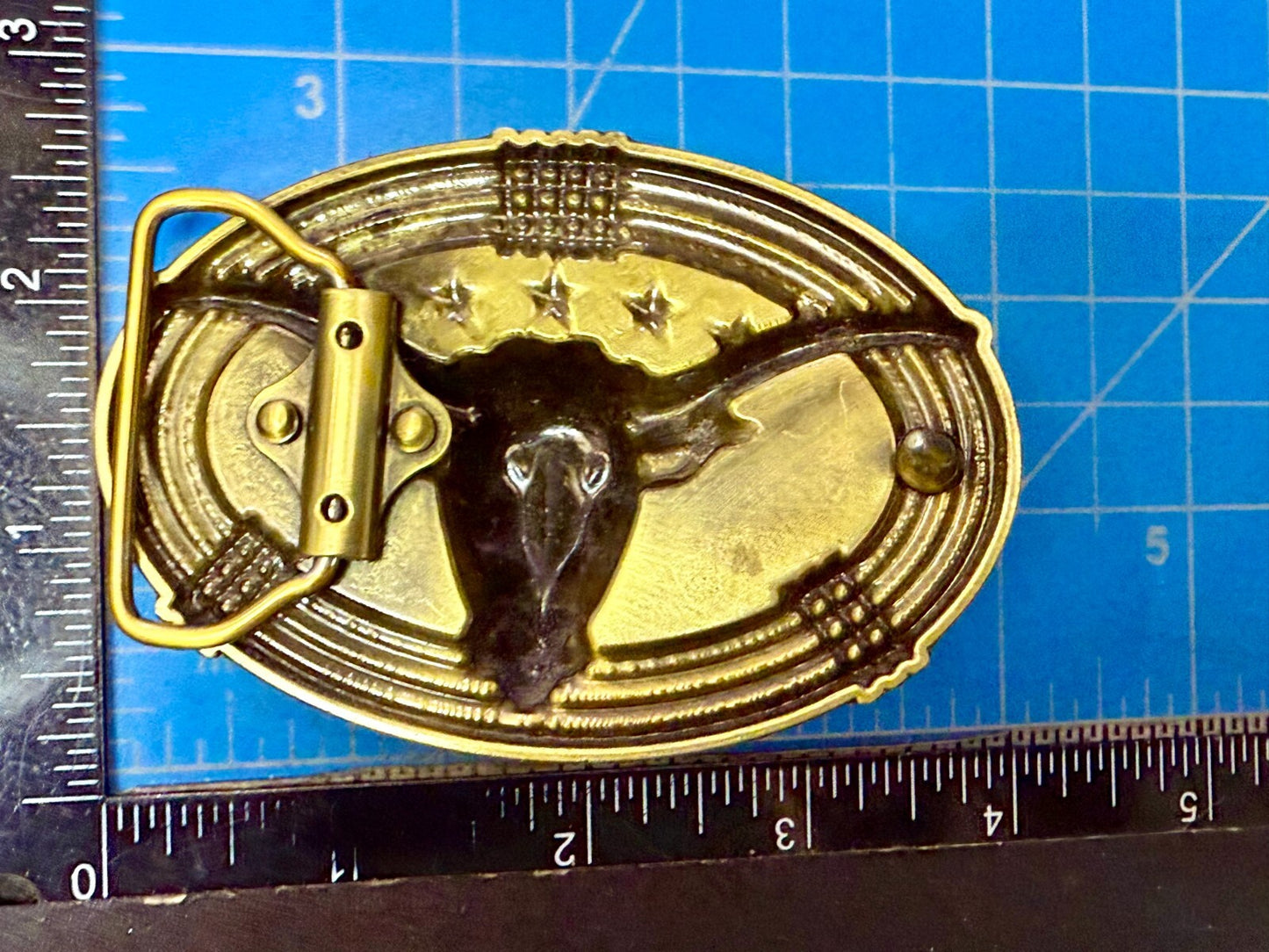 3D Longhorn Bull Head with Stars Rope Border Western Rodeo Cowboy Belt Buckle