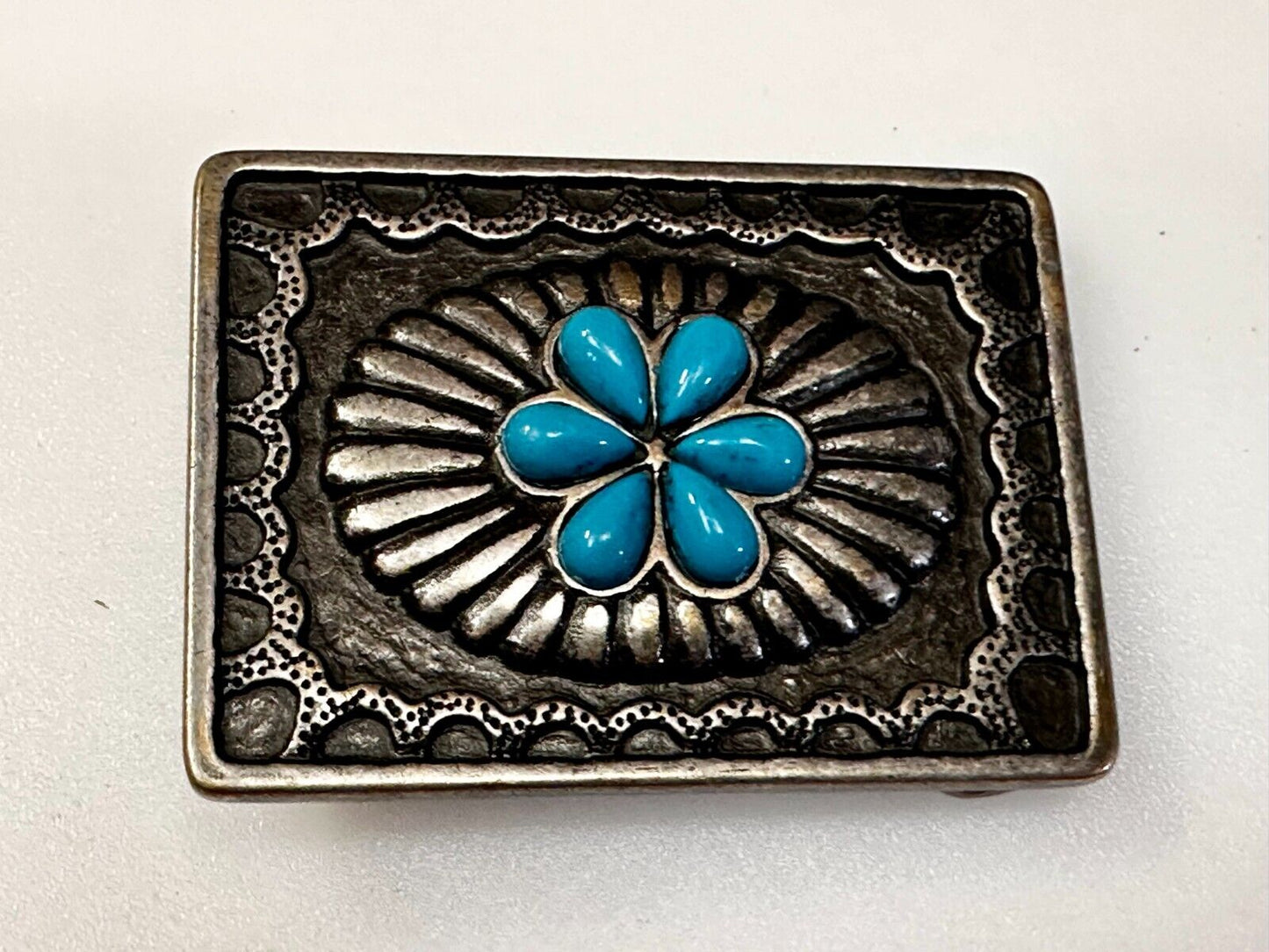 Turquoise Stone Center Floral Theme Native American Indian Style Belt Buckle
