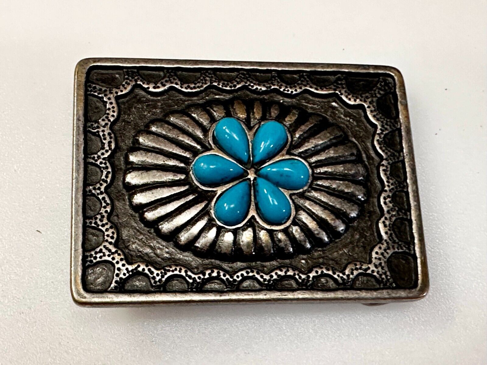 Turquoise Stone Center Floral Theme Native American Indian Style Belt Buckle