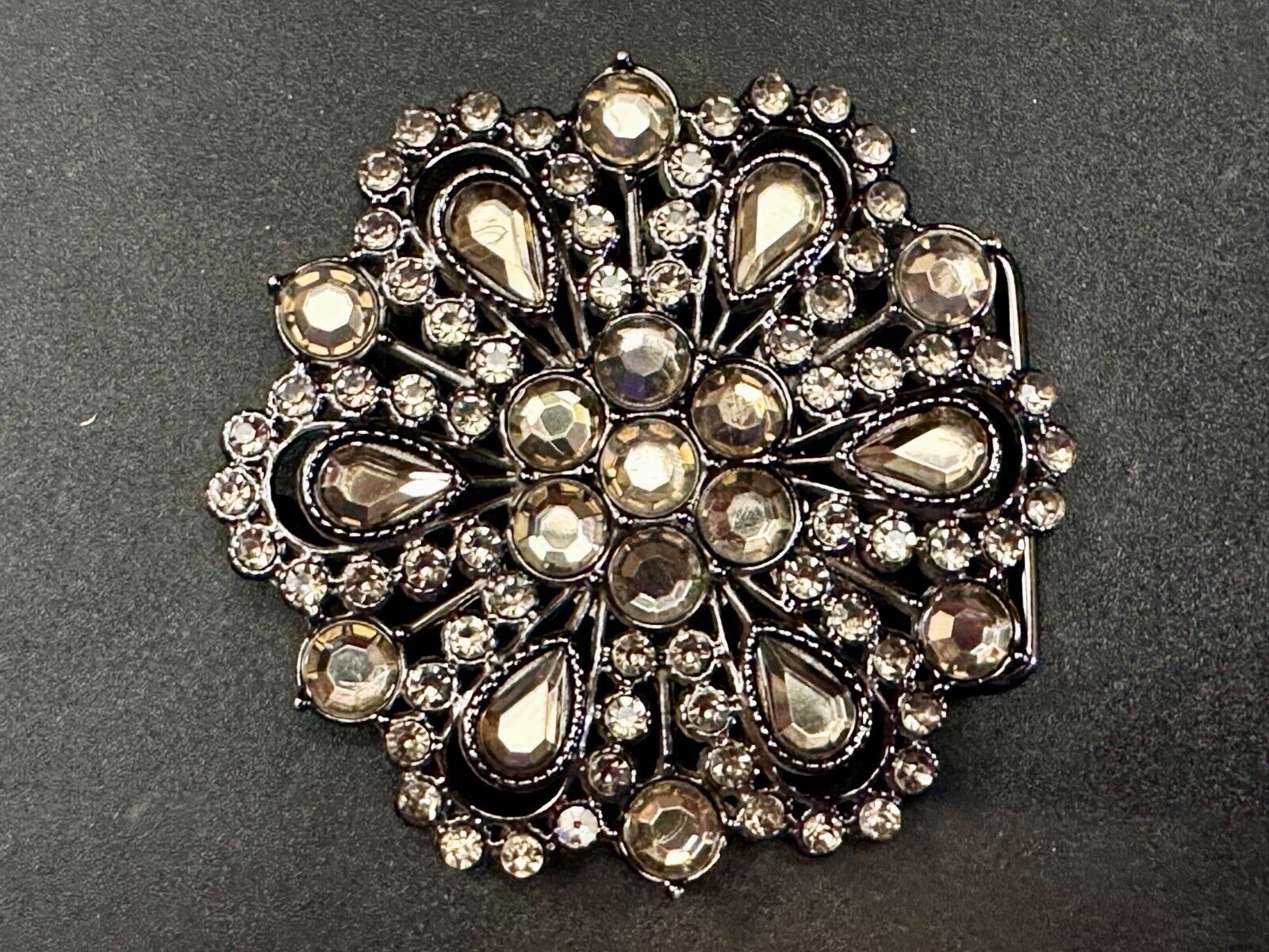 Victorian Style Clear Rhinestone Flower Burst Vintage Silver Tone Belt Buckle