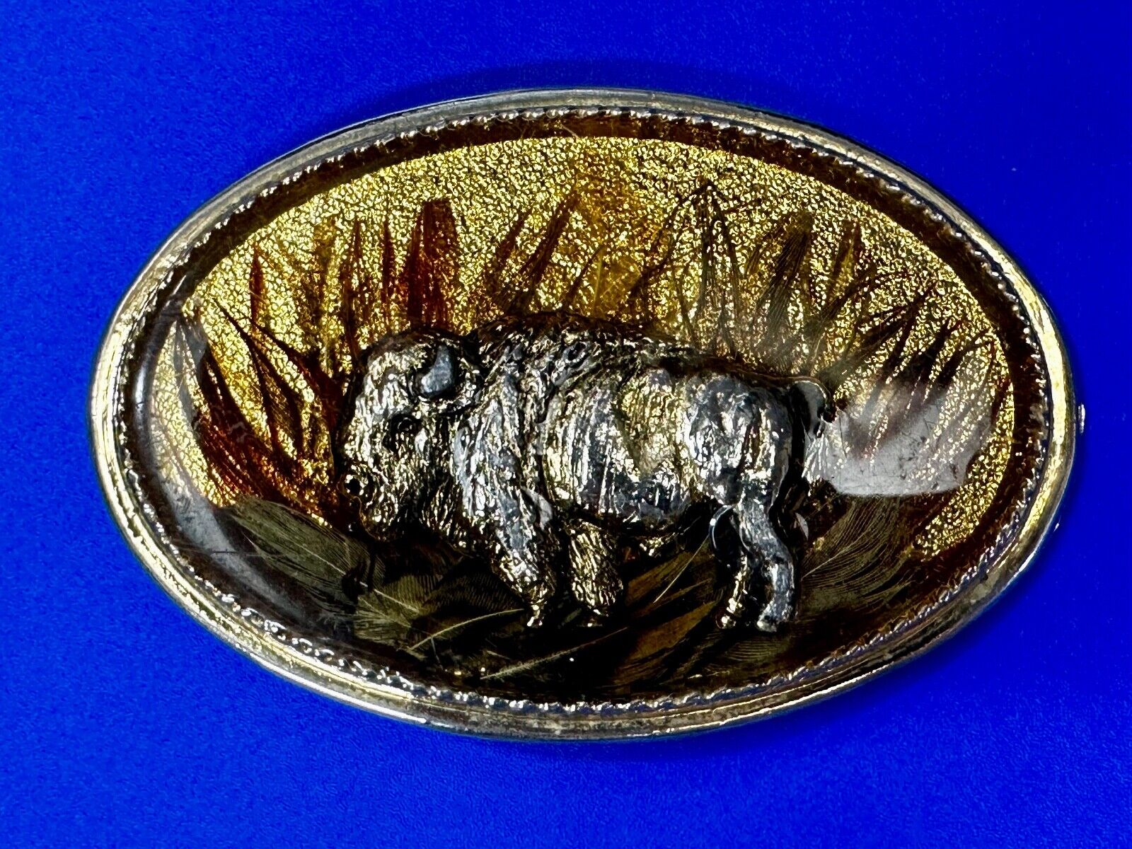3D Buffalo in wheat grass - Raised from gold tone Vintage Belt Buckle