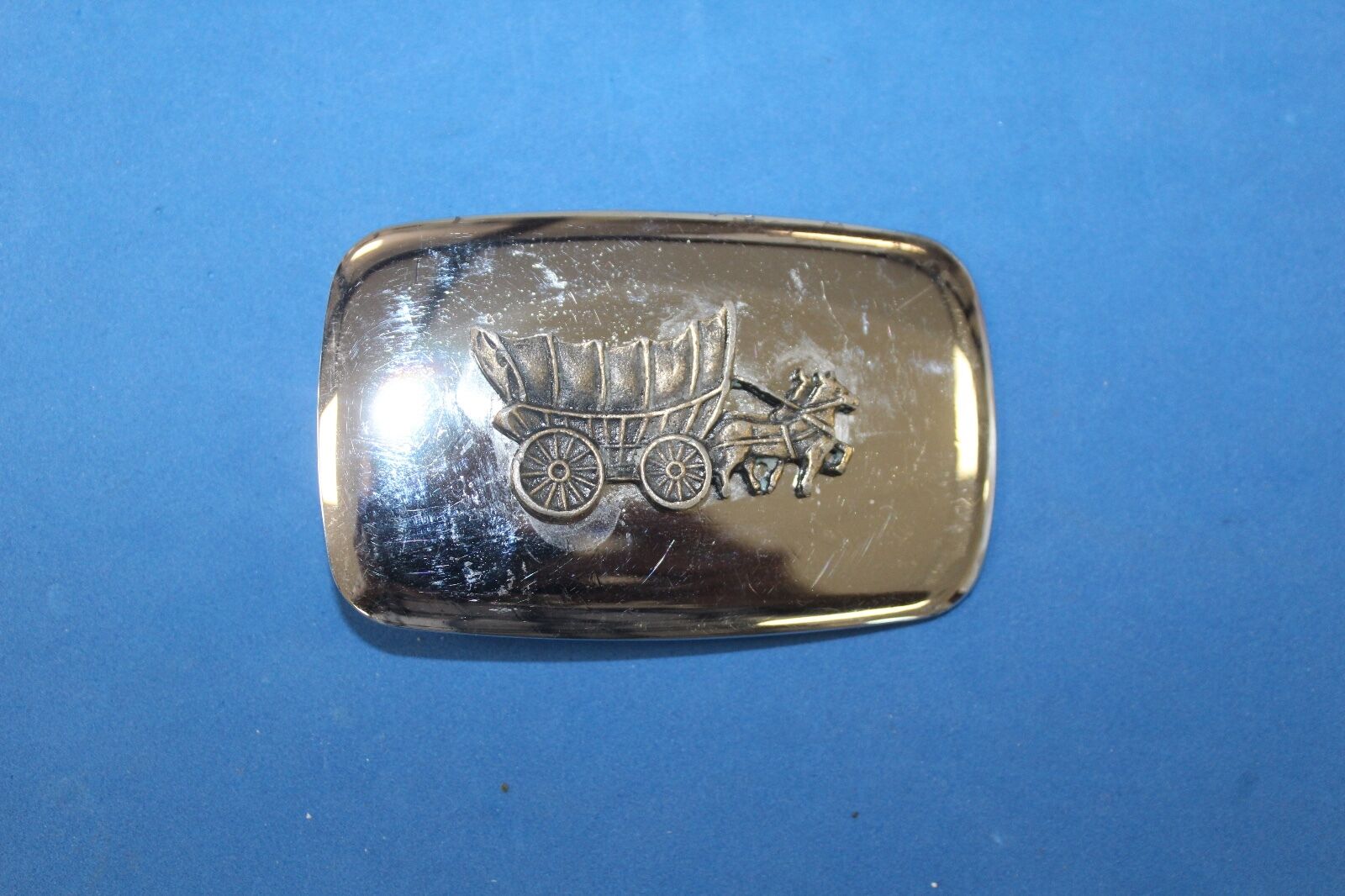 Vintage belt buckle, Made in USA, Conestoga covered wagon and horses