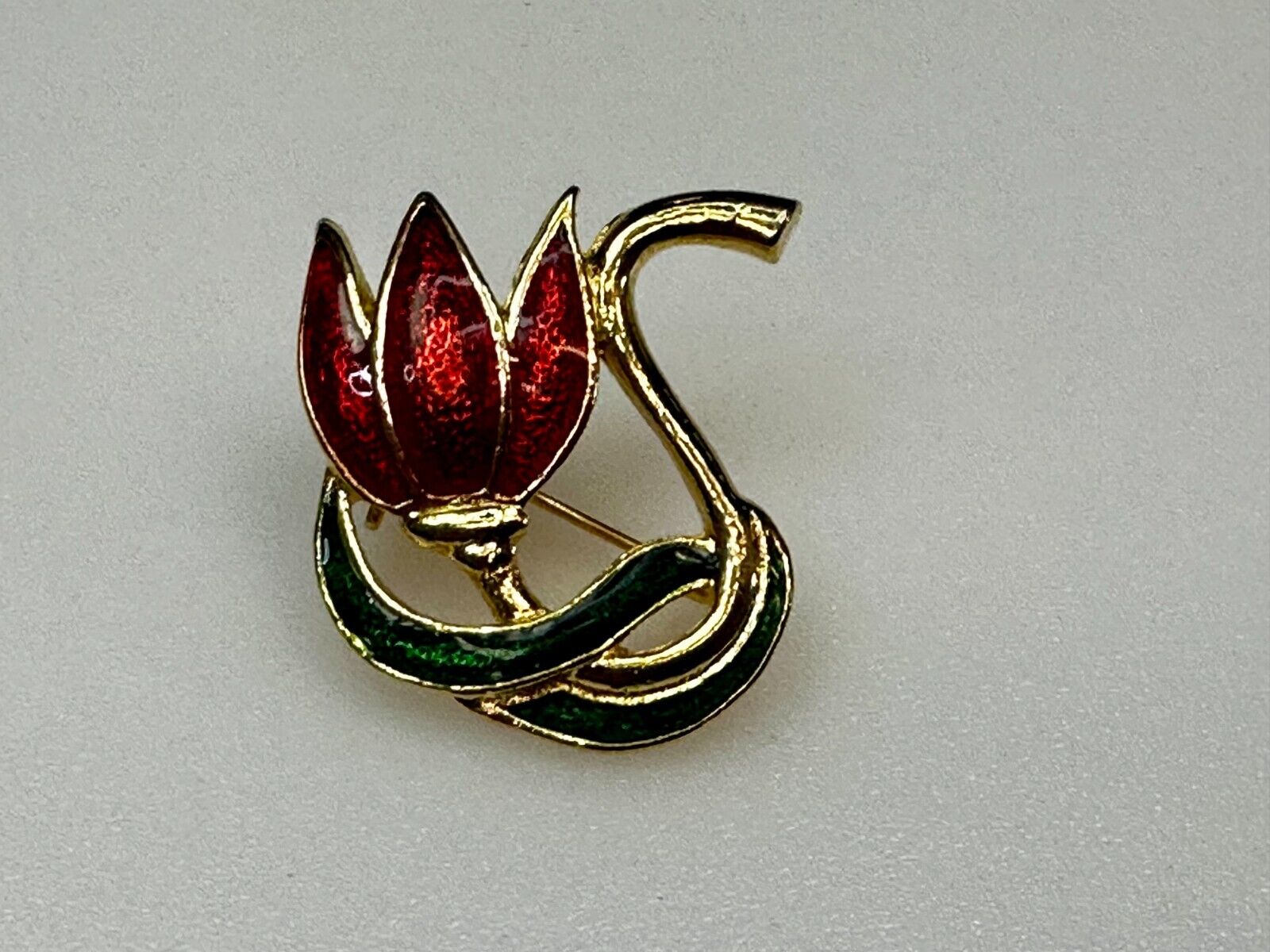 Tulip Lotus Flower Red Green Enamel Gold Tone Brooch Pin Signed by SFJ