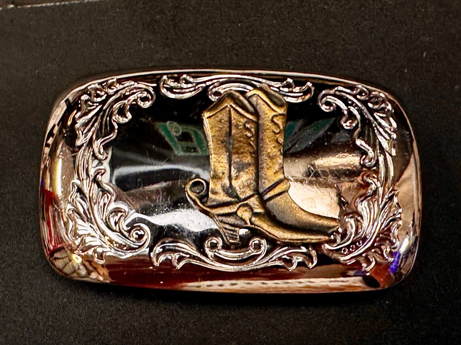 Western Cowboy Boots Vtg Two Tone Swirl Flower Border Belt Buckle - Made in USA