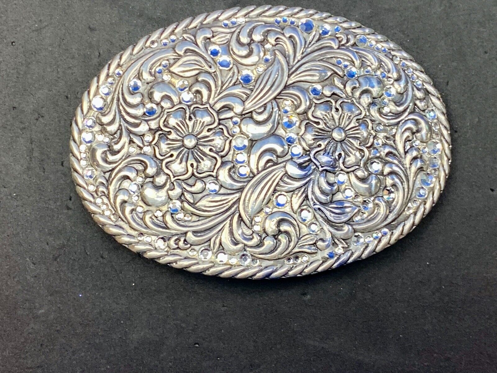 Vintage Flower Swirl Belt Buckle Floral patterns with rhinestone accents 