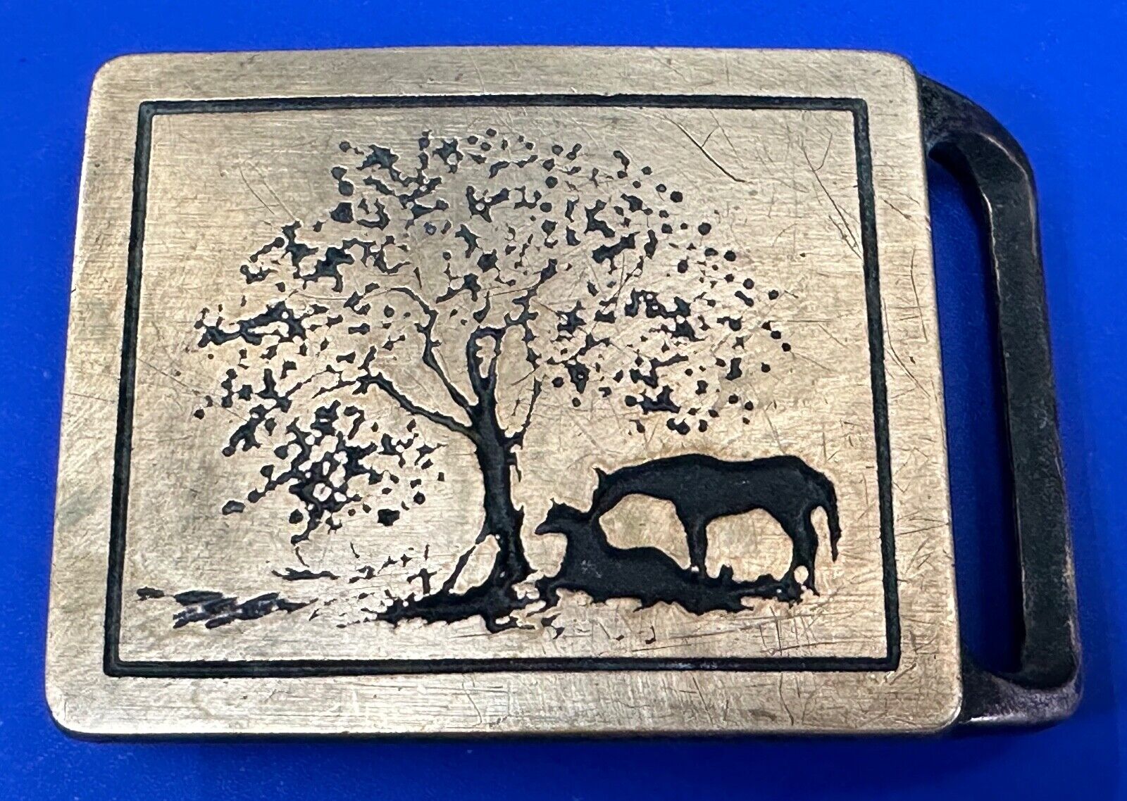 TWO HORSES - under tree  TECH-ETHER GUILD ART Hippy  solid brass belt buckle