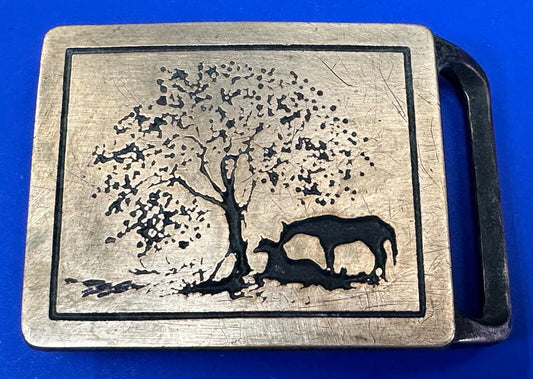 TWO HORSES - under tree  TECH-ETHER GUILD ART Hippy  solid brass belt buckle