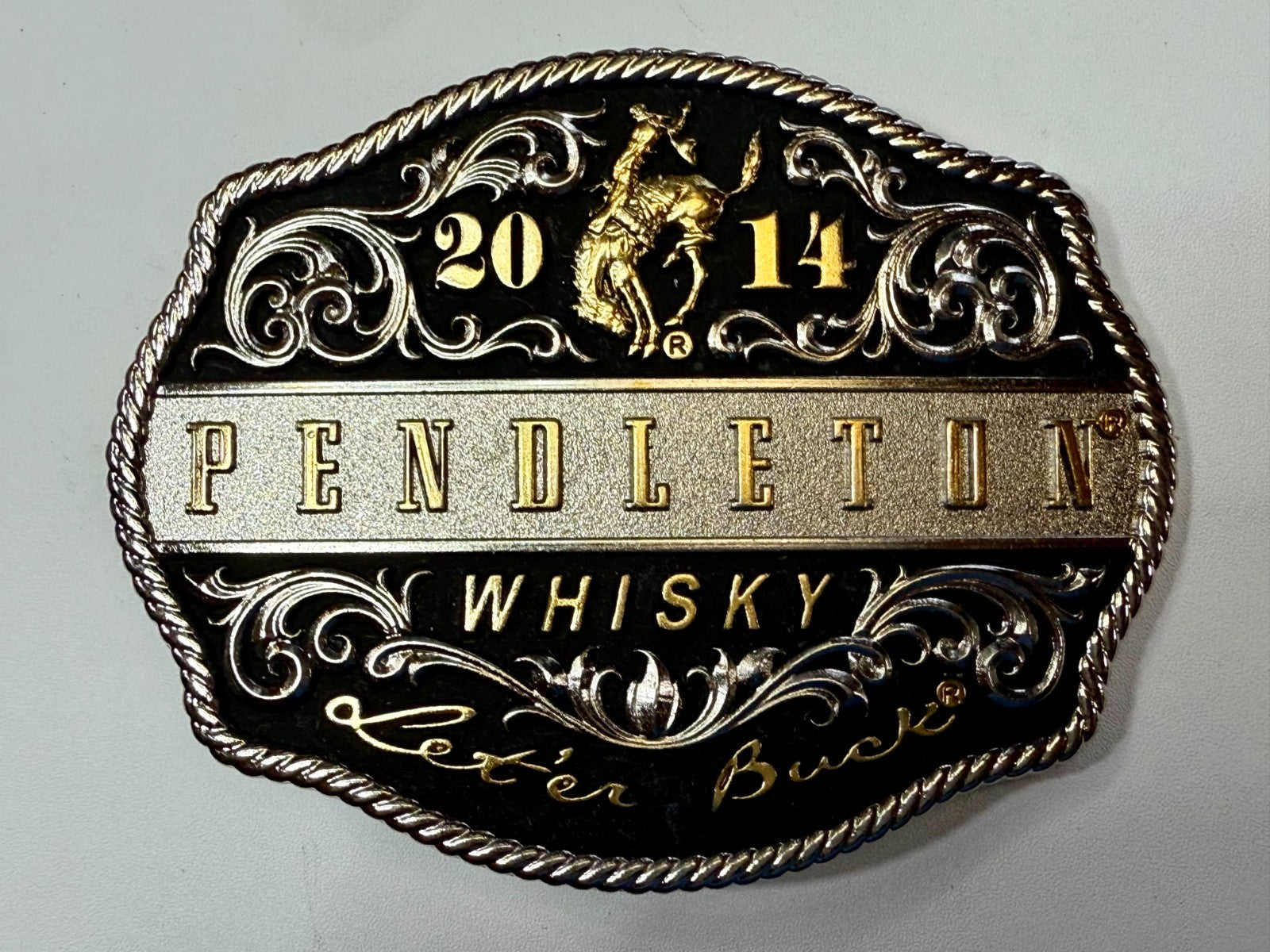 2014 Pendleton Whiskey Let'er Buck Rodeo Cowboy Montana Silversmiths Belt Buckle