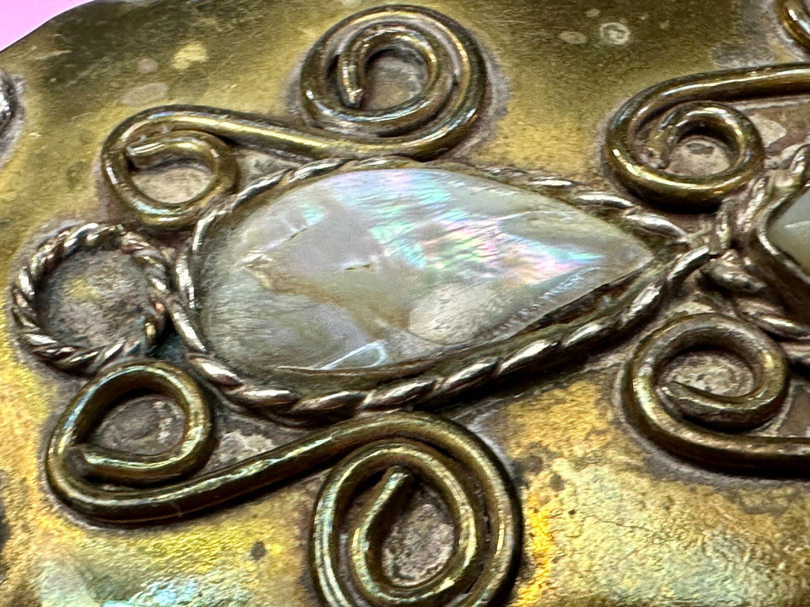 Artisan Mixed Stone Shell Art Nouveau Boho Brass Hippy Vibe Large Belt Buckle