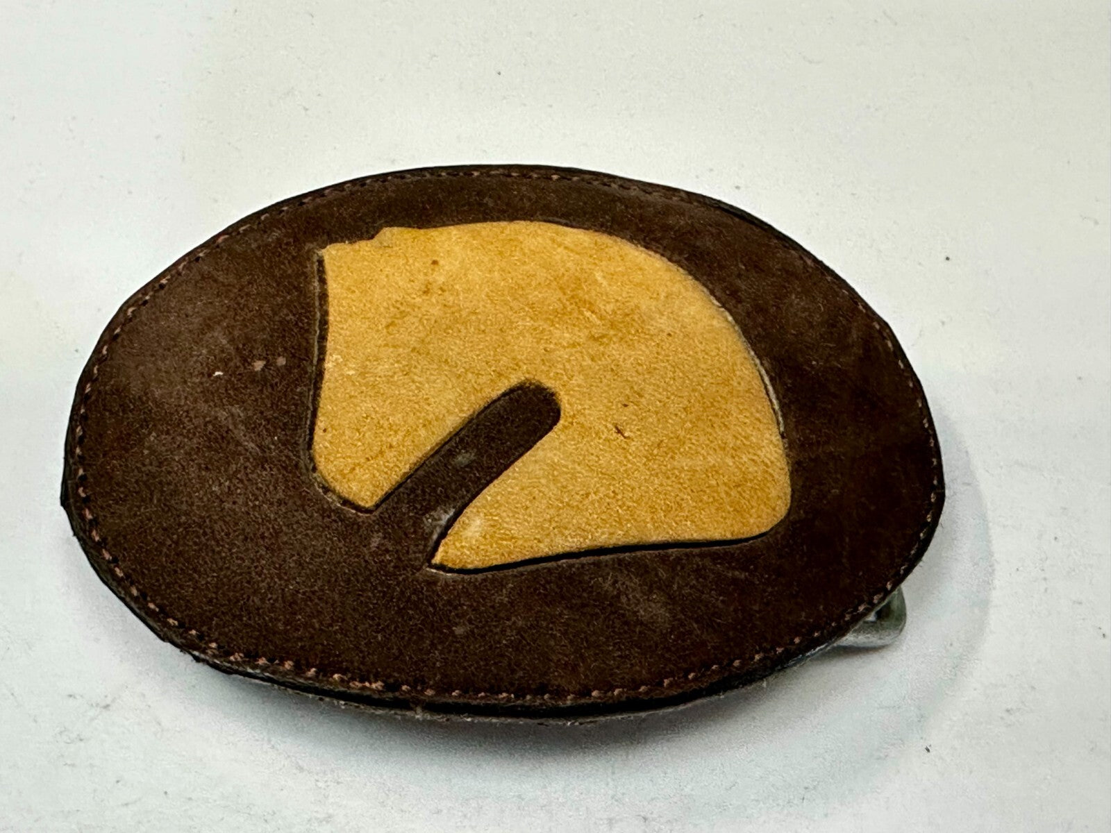 Abstract Horse Head - Brown Leather Stitched Vintage Belt Buckle