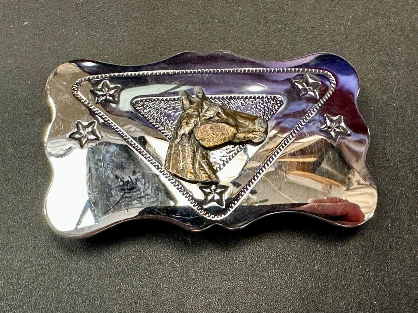 vintage horse head on reflective western silver tone rectangular belt buckle